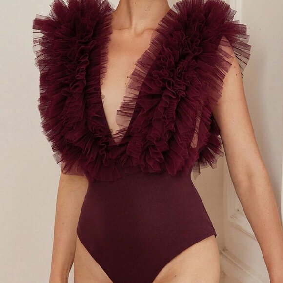 Burgundy Elegant Women's Party Sexy 3D Flower Bodysuit - Picture 7 of 7